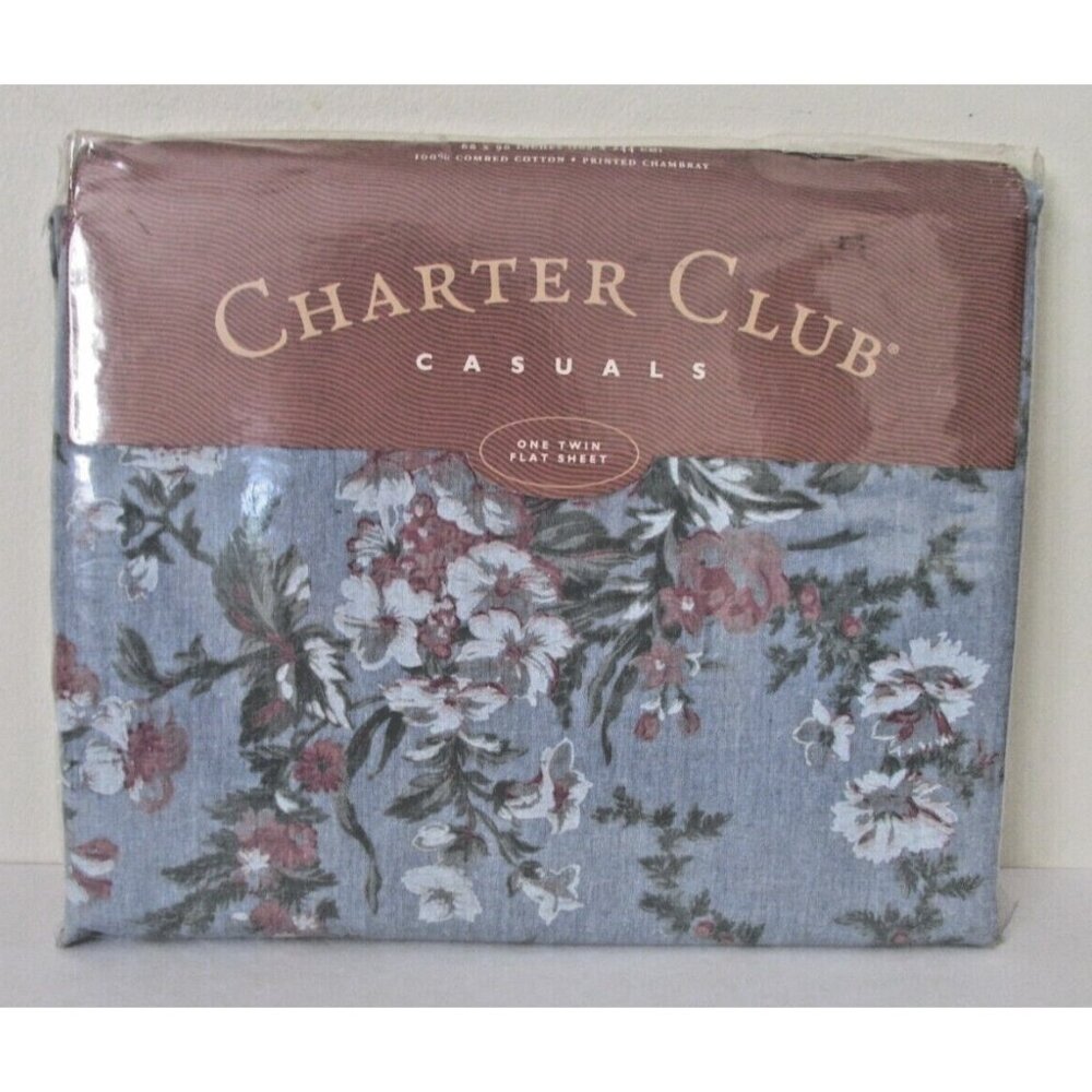 NIP new vintage flat TWIN bed sheet Charter Club nasturtium denim blue cotton